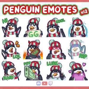 Winter Penguin Emotes | Festive Christmas Emote Pack | 12 Fun Holiday-Themed Twitch, YouTube & Discord Graphics for Streamers