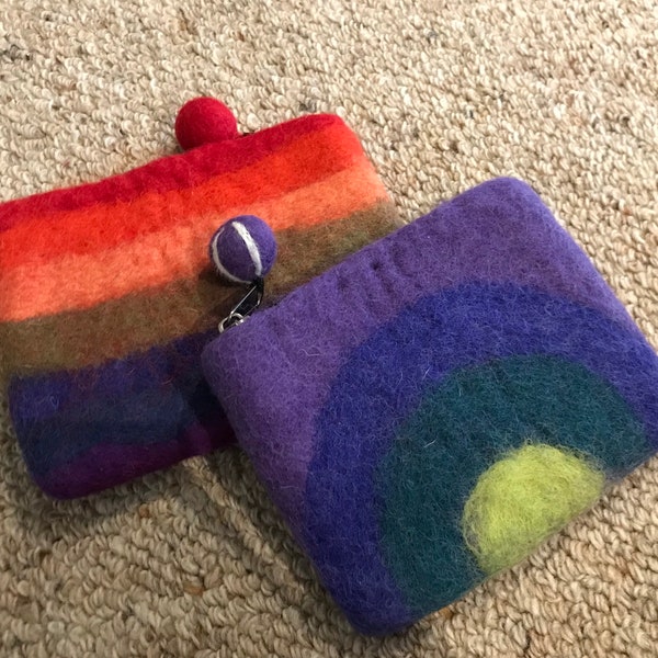 Rainbow and purple moon wool felt purse baby carrot brooch