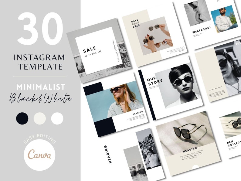 30 Instagram Post Templates - Minimalist Black and White Canva Editable ...