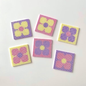 Set of 6 Pastel Floral Coaster Set, Handmade Perler Bead Drink Mats, Cute Home Decor Gift