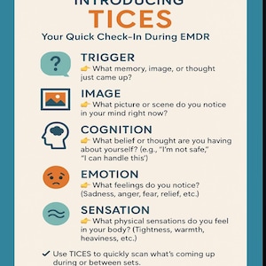 Può includere: Infografica turchese e bianca che introduce "TICES" per gli auto-controlli EMDR. Dettaglia Trigger, Immagine, Cognizione, Emozione e Sensazione, con un elenco per la scansione rapida e la consapevolezza.