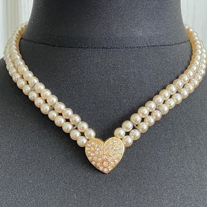 Sphinx Signed Vintage Pearl Heart V Necklace | Beaded Choker | 60s | Double Strand Pearls | Glass Crystal Pavé Pendant | 16&quot;