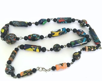 Antique Millefiori Murano Glass Bead Necklace, 1920s Venetian Art Deco