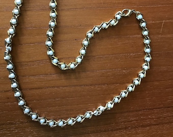 Vintage 60s Long Gold Tone Chain and Faux Pearl Bead Necklace, 26"