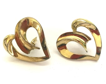 Gold Metal Heart Clip On Earrings, Vintage 80s, Oversized, Statement Earrings