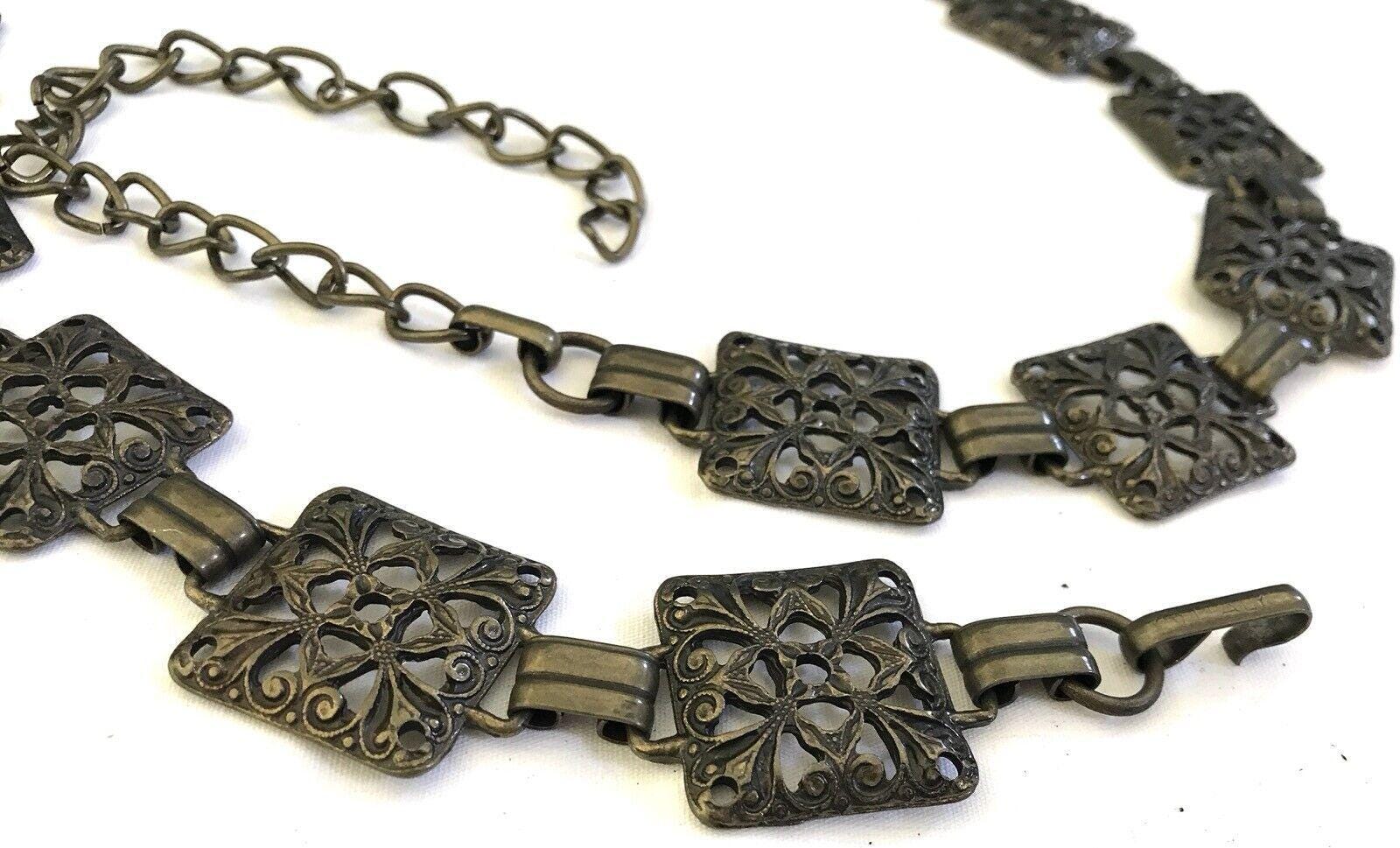 Vintage Italian Bronze Metal Filigree Link Book Chain Belt 