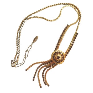 Collier Lariat en cristal vintage des années 50 et 60, serti de griffes en cristal, chaîne serpentine plaquée or, collier en Y