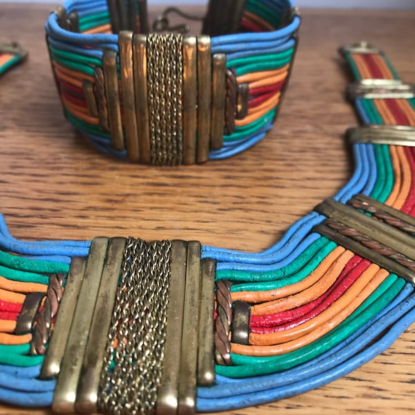 Vintage Alexis Kirk Bib Collar Necklace and Cuff Bracelet, 1970s, Tribal Collar Necklace, Rainbow Leather, Egyptian Revival, Tribal Wear