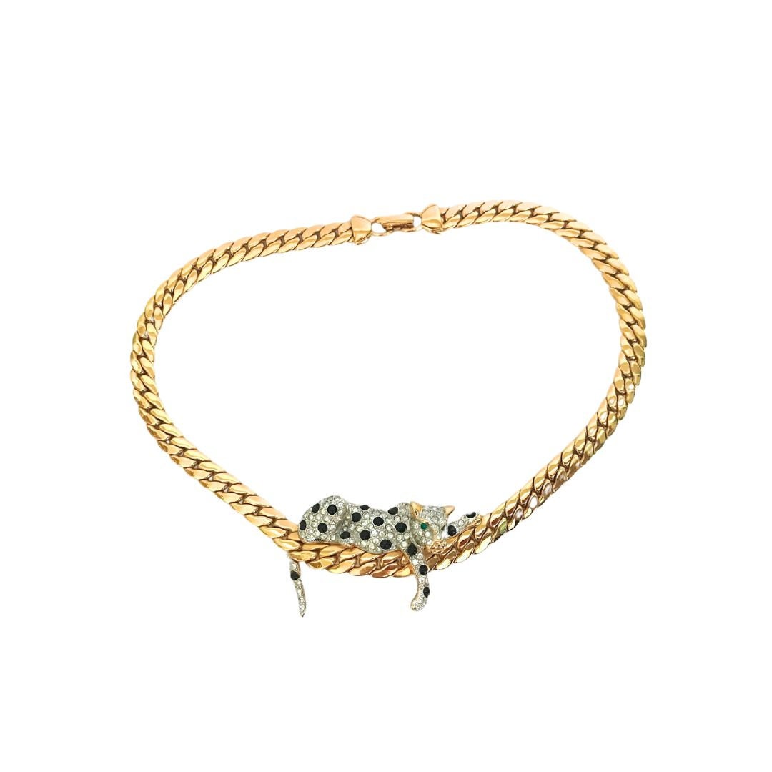 J L Aldenkamp Signed Leopard Panther Necklace, Gold Gilt Choker