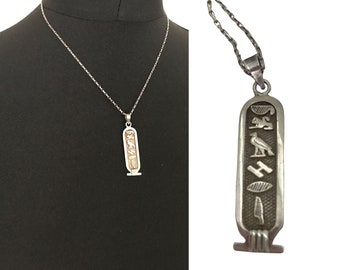 Vintage 925 Silver Egyptian Revival Necklace 70s Hieroglyphic Pendant
