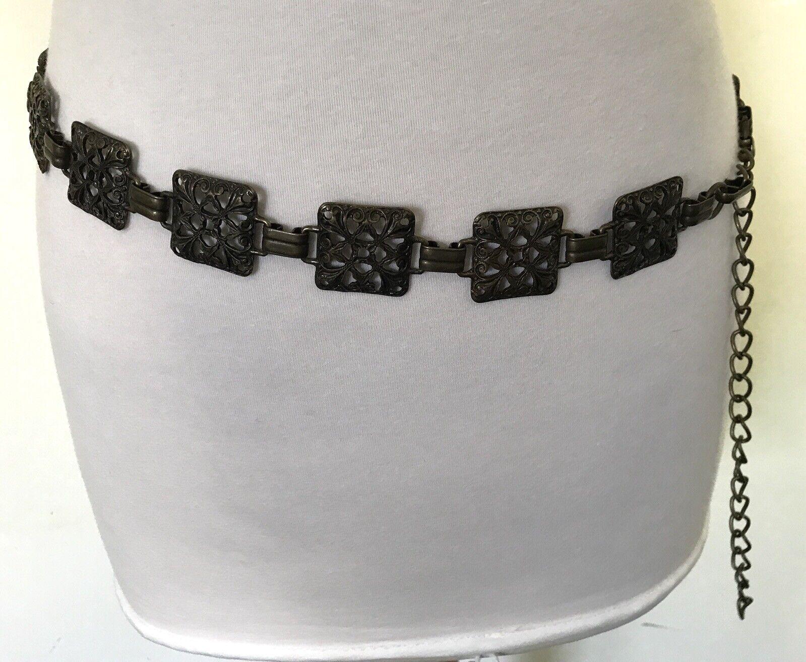 Vintage Ornate Bronze Square Link Belt Vintage Italian Bronze Metal Filigree Link Book Chain Belt  main image 2