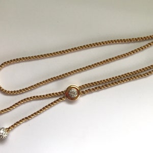 Vintage Lariat Chunky Necklace, Slider Rope Chain, Gold Plated, Crystal Rhinestone, 60s 70s