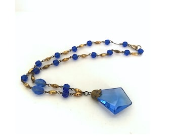 Vintage Czech Glass Bead Necklace, Blue Pendant, Decorative Metal, 1930s