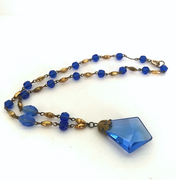 Vintage Czech Glass Bead Necklace, Blue Pendant, Decorative Metal, 1930s