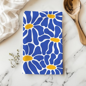 Retro Groovy Blue Vibrant Floral Tea Towels, 100% Cotton