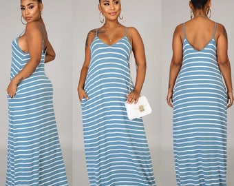 Spaghetti Strap Striped Maxi Dress - Light Blue