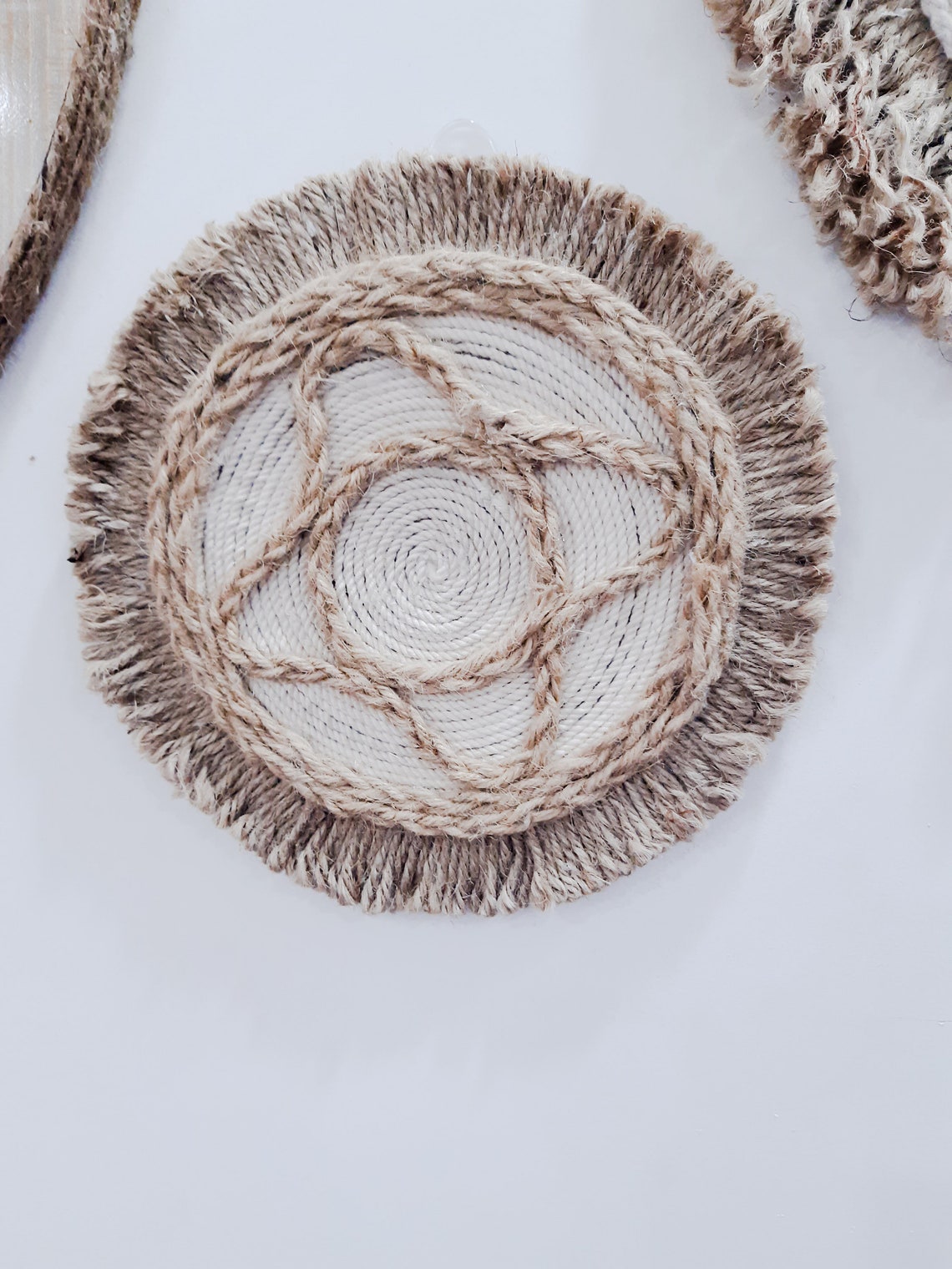 Jute Wall Art With Round Mirror Set Of 7 Basket Boho Room Etsy