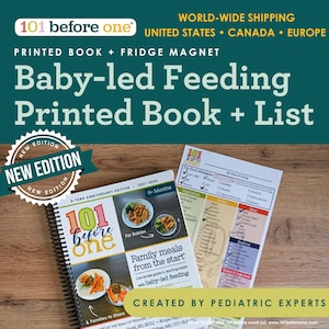 May include: A spiral-bound book titled 101 before one featuring a 5-year anniversary edition cover with food photos, alongside a printed checklist of first foods and allergens. A green badge states NEW EDITION and text reads CREATED BY PEDIATRIC EXPERTS.