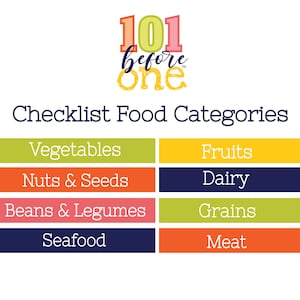 以下が含まれることがあります： 「101 before one Checklist Food Categories」というタイトルの、赤ちゃん向けの食品カテゴリのチェックリストです。カテゴリは、野菜、果物、ナッツ＆シード、乳製品、豆類＆マメ科植物、穀物、シーフード、肉です。