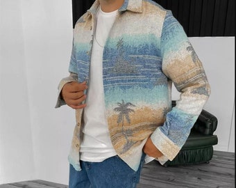Button Down Shirt - Cotton Linen Men's Long Sleeved Shirts - Patterned lumberjack shirt - Bohemian Men's Shirt - Shirt for Him