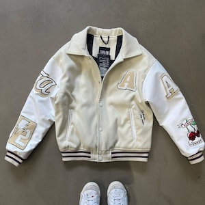 Beige  Baseball A Embroidered Jacket |College Bomber Jacket |Loose Streetwear Varsity Jacket - Red Collage Jacket - Beige Collage Jacket