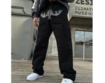 Y2K Bat Print Cargo Pants , Baggy Style Pants, Harajuku, Goth Clothes, Y2K Fashion - Streetwear Cargo Pants