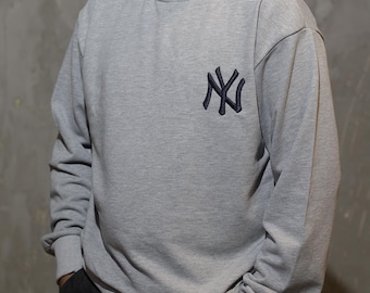NY embroidery Crew Neck, Unisex, Oversize, printed Sweatshirt - Gray sweatshirt - Baseball Sweatshirt
