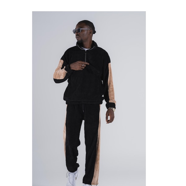 Traje de pista streetwear - Traje deportivo para hombres - Traje para caminar de seguimiento para hombres - Regalo de día para él - Conjunto de dos piezas de terciopelo - Chándal casual