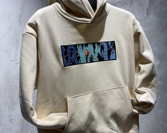 Beige Oversized Hoodie with Unique Embroidered Crowd Design - Men's Streetwear Hoodie - Casual Urban Style - Pullover hoodie - Gift for Him
