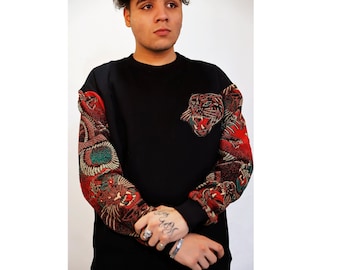 VG STREET Special Urban Design Embossed Sleeves Detail Streetwear Long Sleeve Oversize  Black Sweatshirt