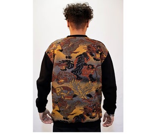 Streetwear Oversize Sweatshirt - Techwear Urban Sweatshirt - Präglade Mystiska Djur Streetwear Rundringad Svart Långärmad Sweatshirt