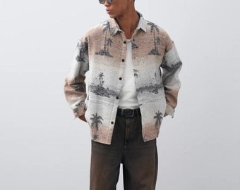Streetwear - Button Down Shirt - Cotton Linen Men's Long Sleeved Shirts - Patterned lumberjack shirt - Shirt for Him