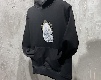 Virgin Mary Embroidered Hoodie - Men's Oversized Streetwear Sweatshirt, Black Minimalist Hoodie - Pullover Hoodie - Christmas sweater
