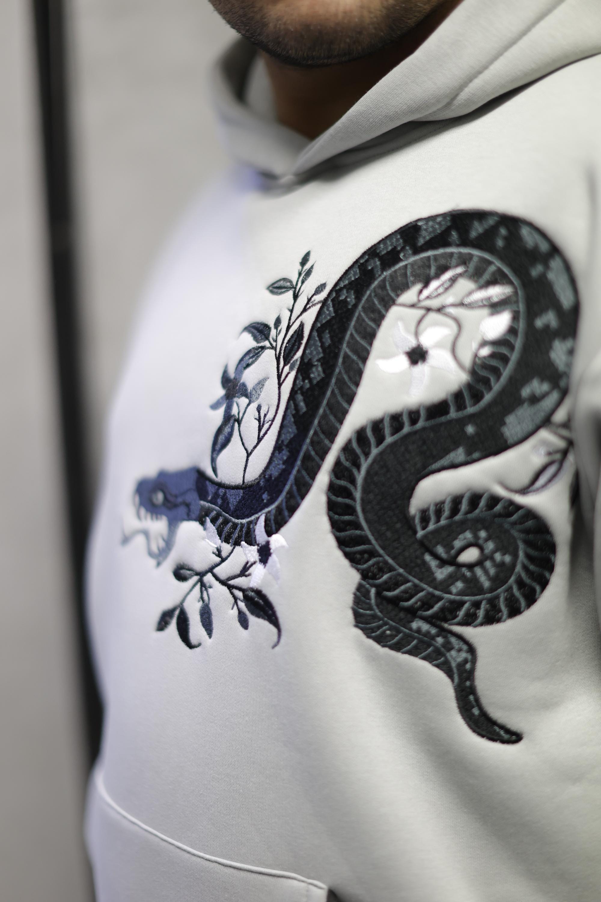 [GRAVER]★GOOD SNAKE SWEATSHIRT Unisex Snake Embroidery Detailed Gray Hoodie - Custom Design