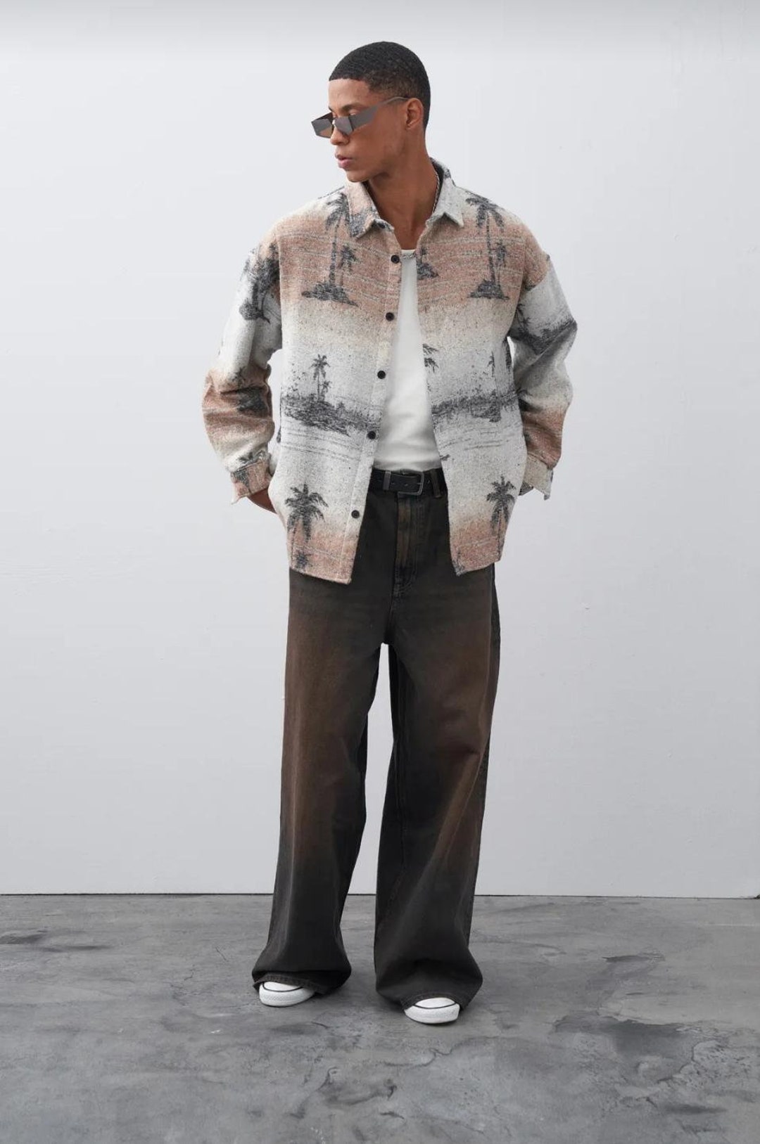 Camicia Uomo A Maniche Lunghe Con Stampa Aquila – Scollo A V, Vestibilità Ampia, Stile Streetwear E Retrò