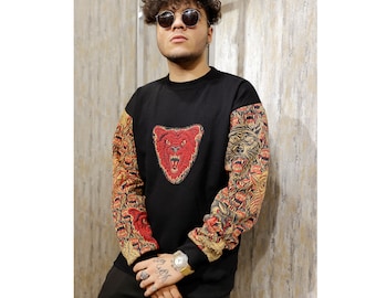 Streetwear - Unisex Sweatshirt - Bear Embossed Sweatshirt Crewneck Black Long Sleeves Custom Design Oversized Sweatshirt - Unisex Sweatshirt