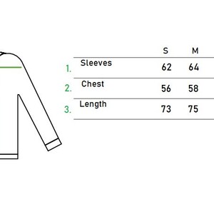 May include: A diagram showing the measurements for a long-sleeved shirt in sizes S, M, L, XL, and XXL. The measurements are for the sleeves, chest, and length. The measurements are in centimetres.