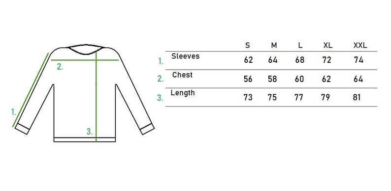 May include: A diagram showing the measurements for a long-sleeved shirt in sizes S, M, L, XL, and XXL. The measurements are for the sleeves, chest, and length. The measurements are in centimetres.
