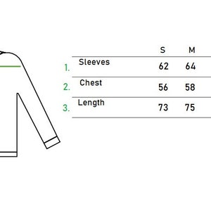 Puede incluir: Un diagrama que muestra las medidas de una camisa de manga larga en tallas S, M, L, XL y XXL. Las medidas son para las mangas, el pecho y la longitud. Las medidas est&aacute;n en cent&iacute;metros.