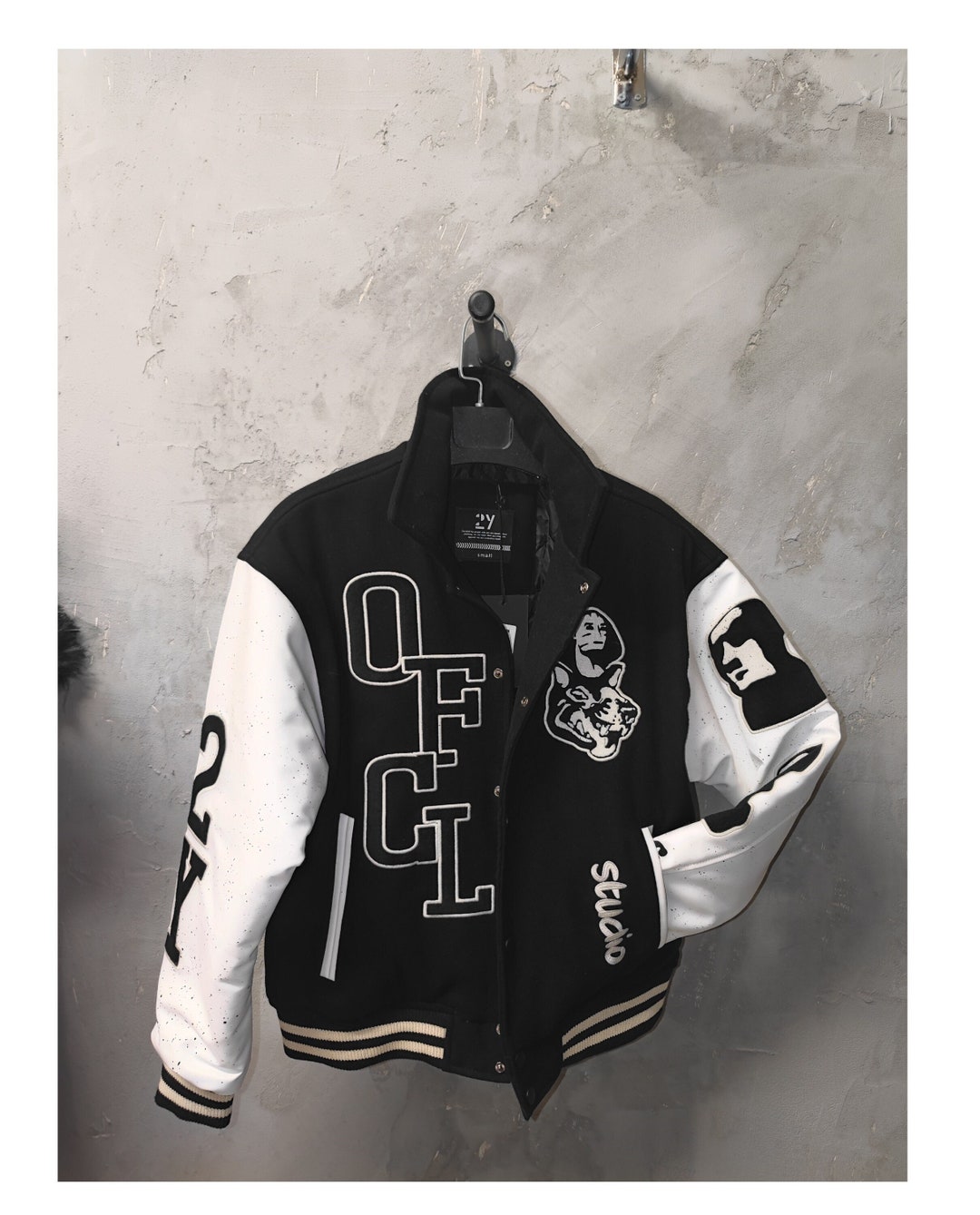 Black Collage Bomber Jacket's Loose Streetwear Varsity Jacket Orange ...