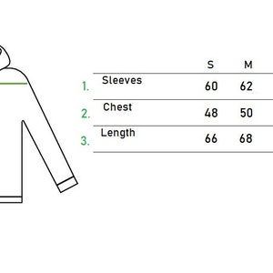 May include: Size chart for a hooded sweatshirt with measurements in inches for sleeves, chest, and length. Sizes include S, M, L, XL, and XXL.