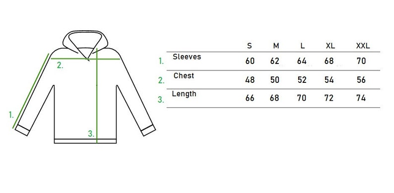 May include: Size chart for a hooded sweatshirt with measurements in inches for sleeves, chest, and length. Sizes include S, M, L, XL, and XXL.