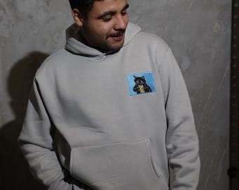 Hoodie with Embroidered Beer-Drinking Cat,  Cat Embroidery Detail Comfortable Streetwear, Unisex Hoodie -
