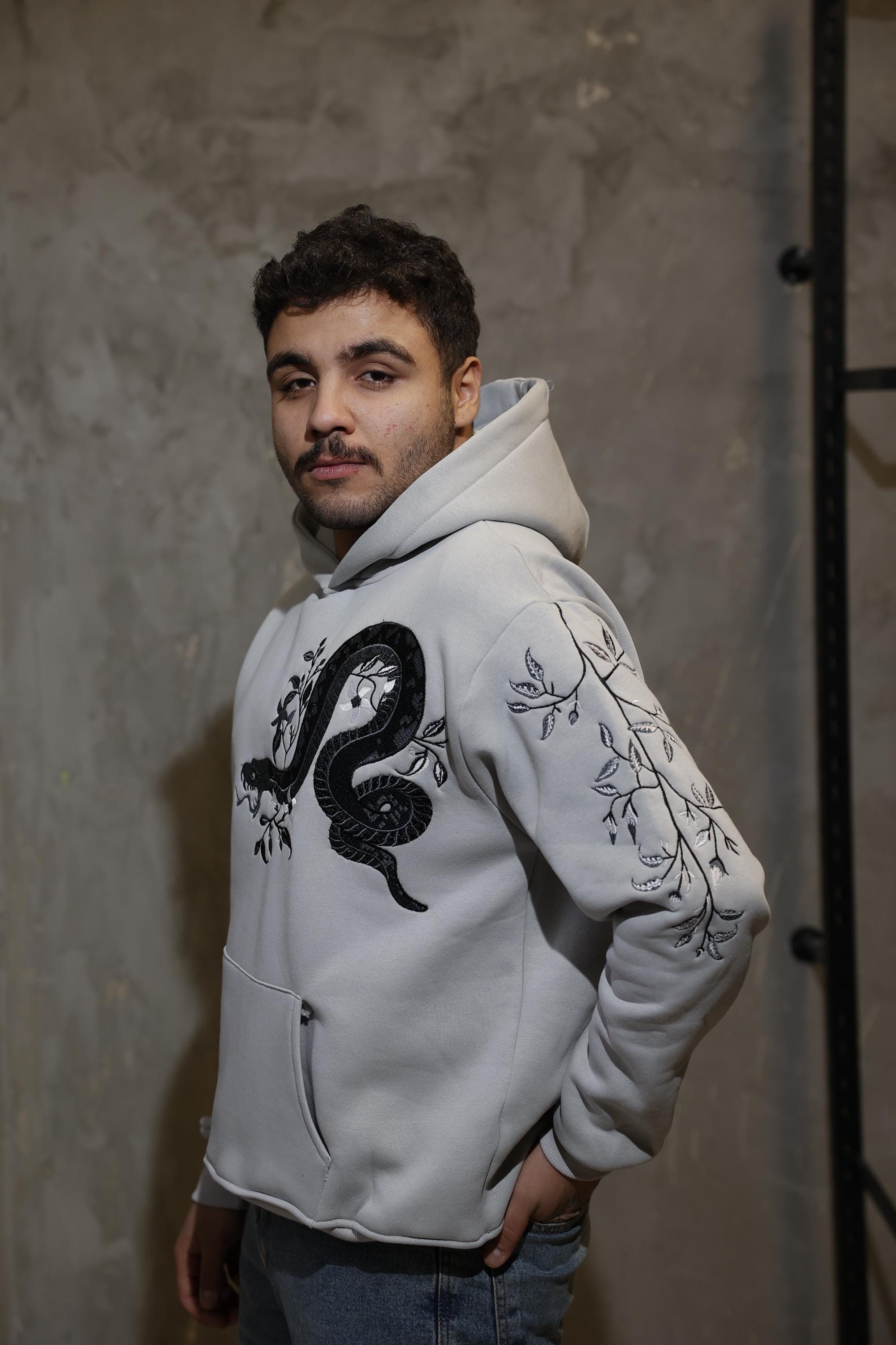 Unisex Snake Embroidery Detailed Gray Hoodie - Custom Design