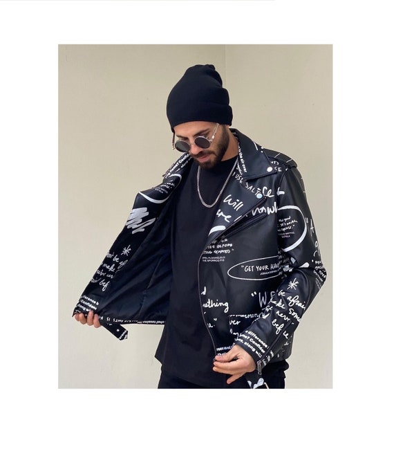 Leather Biker Jacket Graffiti Style 