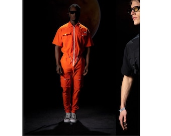 Men Orange jumpsuit, one piece short sleeve pantsuit, futuristic pilot overall, orange workwear coverall,