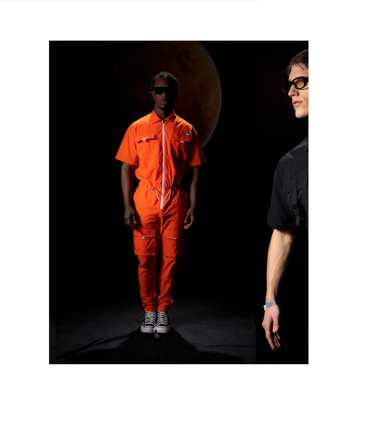 Men Orange Jumpsuit, One Piece Short Sleeve Pantsuit, Futuristic Pilot