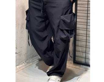 Black Parachute Cargo Pants, Unisex Oversized Baggy Trousers, Techwear Streetwear Pants, Wide Leg Loose Fit Utility Pants