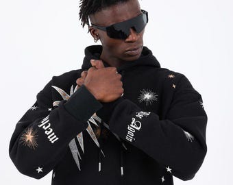 Star Embroidery Hoodie -black Oversize Starburst Hoodie