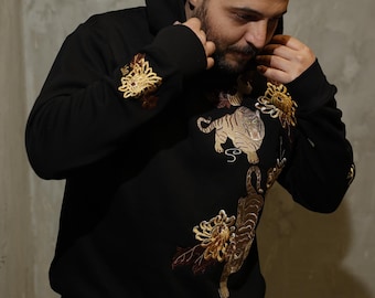 Tiger Embroidered Custom Design Hoodie - Streetwear Style Men's Sweatshirt - Unisex Hoodie - Custom Design Oversized Hoodies